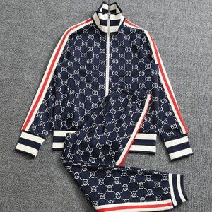 Gucci Blue and Red GG Monogram Bomber Jacket